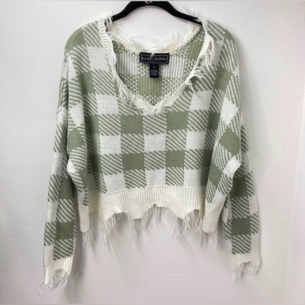 Polly & Esther Sage Green and White Plaid Distressed V-Neck Sweater